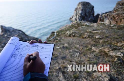 青海湖国家级自然保护区管理局工作人员在记录鸟类观测数据。新华社　张宏祥　摄