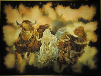 余友心作品：布面重彩画《高原雄风》。