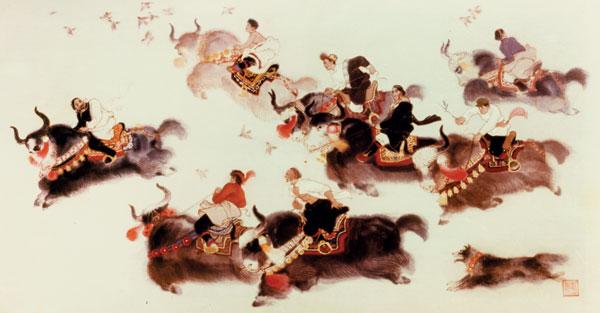 2、《赛牦牛》120×64cm-西藏布画-1979年作-获建国30周年全国美展二等奖并被中国美术馆收藏.jpg